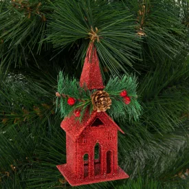   Karácsonyi glitteres templom akasztóval - 16 x 6,5 cm - piros