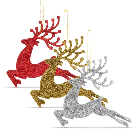 Karácsonyfadísz - glitteres rénszarvas - 12 cm - piros/arany/ezüst - 4 db / csomag Karácsonyfadísz - glitteres rénszarvas - 12 cm - piros/arany/ezüst - 4 db / csomag