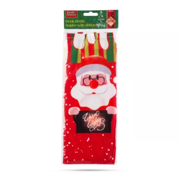   Karácsonyi italos üveg tartó szalaggal - mikulás - poliészter - 32 x 12,5 cm