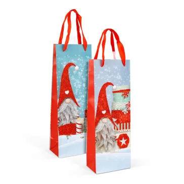   Karácsonyi ajándéktáska - manó mintával, glitteres - 13 x 36 x 9 cm - 2 féle - 12 db / csomag