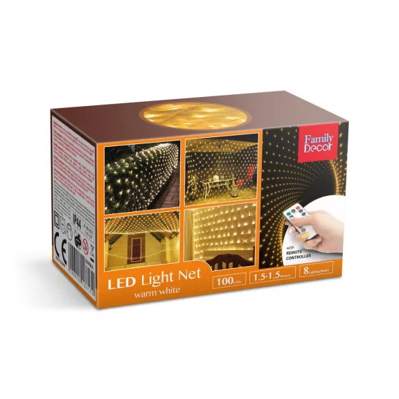 LED-es fényháló - 100 db melegfehér LED-del - 1,5 x 1,5 m - 230V - távirányítós LED-es fényháló - 100 db melegfehér LED-del - 1,5 x 1,5 m - 230V - távirányítós