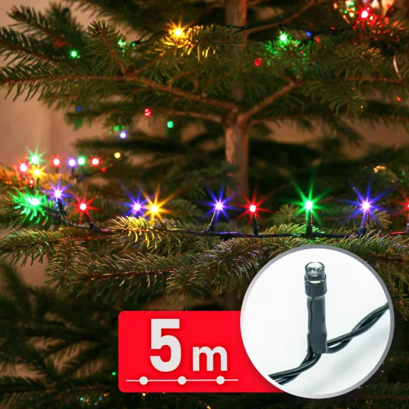Fényfüzér - 5 m - színes - 100 LED - 220-240V - 6W - zöld kábel Fényfüzér - 5 m - színes - 100 LED - 220-240V - 6W - zöld kábel