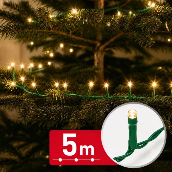 Fényfüzér - 5 m - melegfehér - 100 LED - 100-240V - 6W - zöld kábel Fényfüzér - 5 m - melegfehér - 100 LED - 100-240V - 6W - zöld kábel