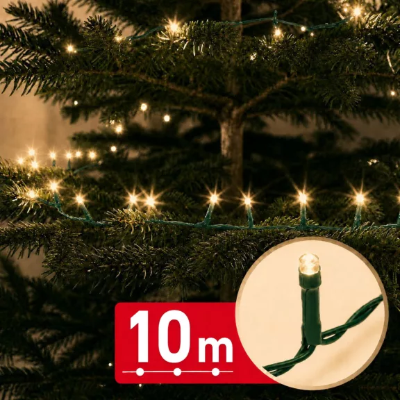 Fényfüzér - 10 m - melegfehér - 200 LED - 100-240V - 6W - zöld kábel Fényfüzér - 10 m - melegfehér - 200 LED - 100-240V - 6W - zöld kábel