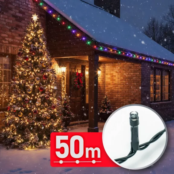 Fényfüzér - 50 m - színes - 1000 LED - 220-240V - 9W - zöld kábel Fényfüzér - 50 m - színes - 1000 LED - 220-240V - 9W - zöld kábel