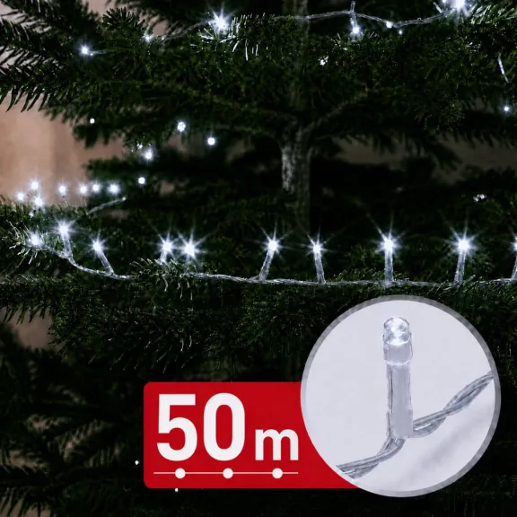 Fényfüzér - 50 m - hidegfehér - 1000 LED - 220-240V - 9W - átlátszó kábel Fényfüzér - 50 m - hidegfehér - 1000 LED - 220-240V - 9W - átlátszó kábel