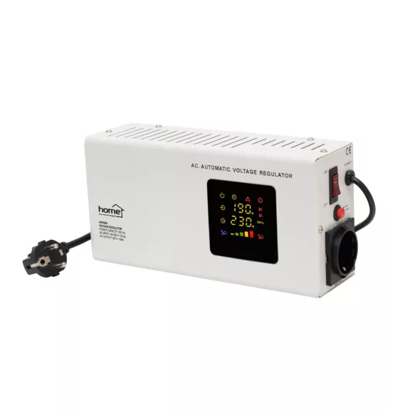 HOME AVR500S feszültségstabilizátor, 500VA, automatikus működés, vékony kivitel, falra szerelhető, színes digitális kijelző, teljeskörű meghibásodás elleni védelem HOME AVR500S feszültségstabilizátor, 500VA, automatikus működés, vékony kivitel, falra szerelhető, színes digitális kijelző, teljeskörű meghibásodás elleni védelem