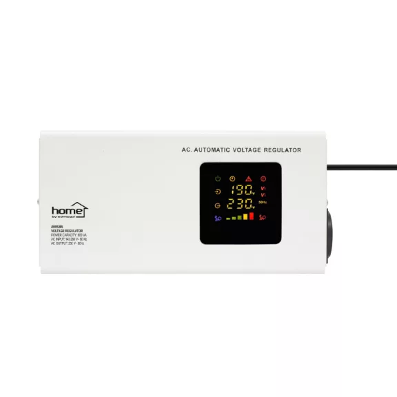 HOME AVR500S feszültségstabilizátor, 500VA, automatikus működés, vékony kivitel, falra szerelhető, színes digitális kijelző, teljeskörű meghibásodás elleni védelem HOME AVR500S feszültségstabilizátor, 500VA, automatikus működés, vékony kivitel, falra szerelhető, színes digitális kijelző, teljeskörű meghibásodás elleni védelem