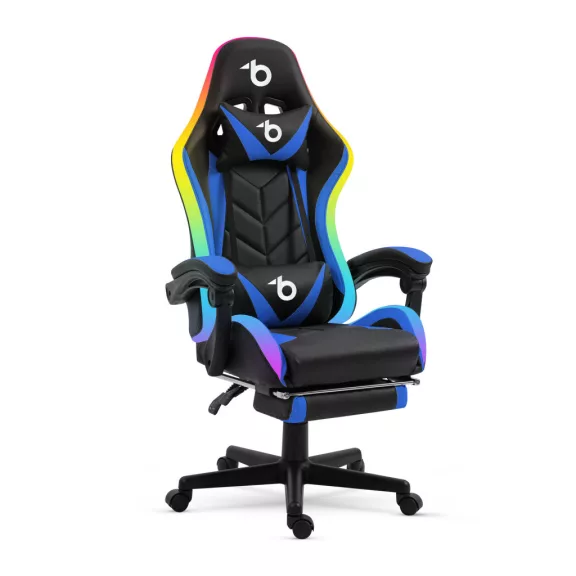 RGB LED-es gamer szék - karfával, párnával - fekete / kék RGB LED-es gamer szék - karfával, párnával - fekete / kék