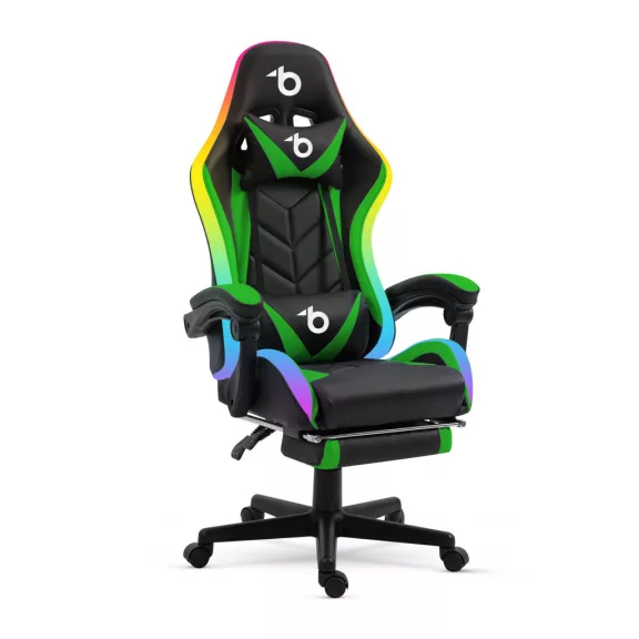 RGB LED-es gamer szék - karfával, párnával - fekete / zöld RGB LED-es gamer szék - karfával, párnával - fekete / zöld