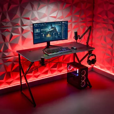   Gamer asztal - 120 x 60 x 75 cm - RGB LED, USB, pohártartó, fejhallgató tartó, 15 mm MDF - fekete