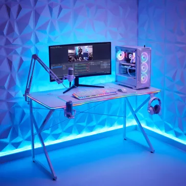   Gamer asztal - 120 x 60 x 75 cm - RGB LED, USB, pohártartó, fejhallgató tartó, 15 mm MDF - fehér