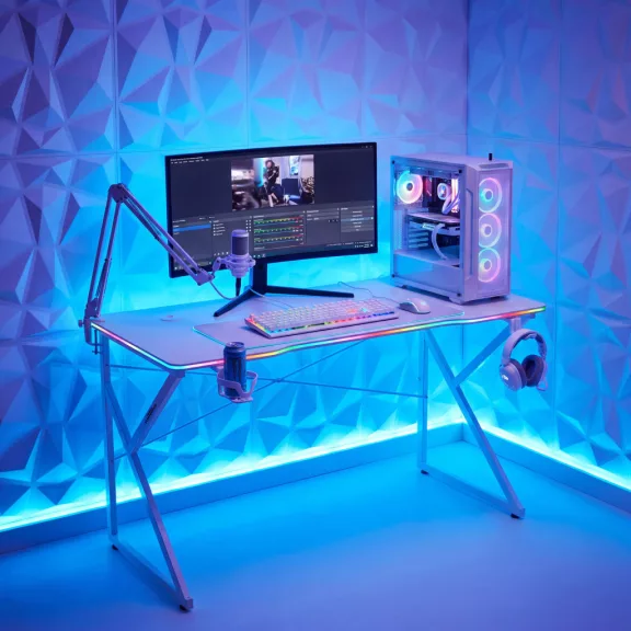 Gamer asztal - 120 x 60 x 75 cm - RGB LED, USB, pohártartó, fejhallgató tartó, 15 mm MDF - fehér Gamer asztal - 120 x 60 x 75 cm - RGB LED, USB, pohártartó, fejhallgató tartó, 15 mm MDF - fehér
