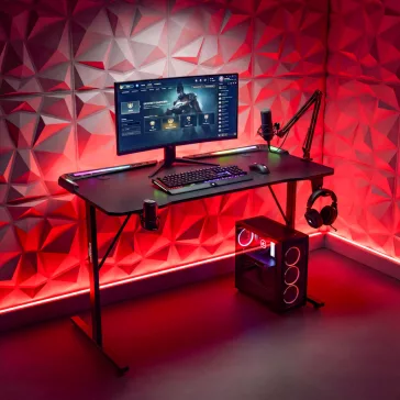  Gamer asztal - 120 x 60 x 75 cm - RGB LED, USB, pohártartó, fejhallgató tartó, szénszálas - fekete