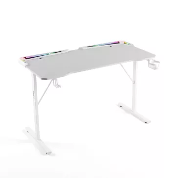   Gamer asztal - 120 x 60 x 75 cm - RGB LED, USB, pohártartó, fejhallgató tartó, szénszálas - fehér