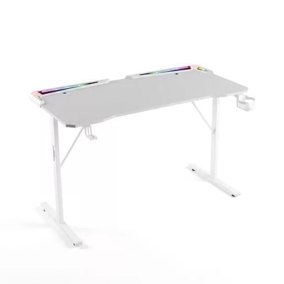 Gamer asztal - 120 x 60 x 75 cm - RGB LED, USB, pohártartó, fejhallgató tartó, szénszálas - fehér Gamer asztal - 120 x 60 x 75 cm - RGB LED, USB, pohártartó, fejhallgató tartó, szénszálas - fehér