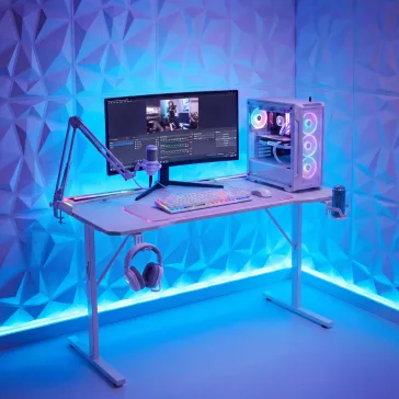   Gamer asztal - 120 x 60 x 75 cm - RGB LED, USB, pohártartó, fejhallgató tartó, szénszálas - fehér