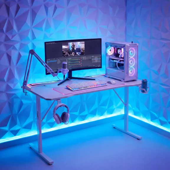 Gamer asztal - 120 x 60 x 75 cm - RGB LED, USB, pohártartó, fejhallgató tartó, szénszálas - fehér Gamer asztal - 120 x 60 x 75 cm - RGB LED, USB, pohártartó, fejhallgató tartó, szénszálas - fehér