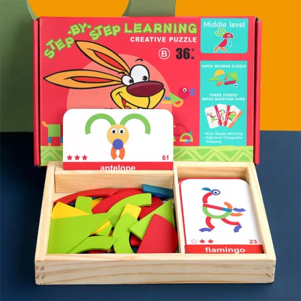 Mágneses tangram fajáték angol kártyákkal, közép szint
