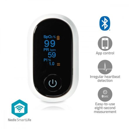 SmartLife Pulzoksziméter | Bluetooth | OLED Kijelző | Auditív riasztás / Oxigéntelítettség (SpO2) / Perfúziós index / Pulzusszám | Fehér