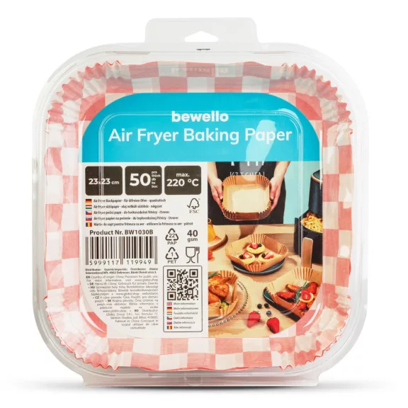 Air fryer sütőpapír - olaj nélküli sütőhöz - kockás, négyzet - 23 cm - 50 db / csomag