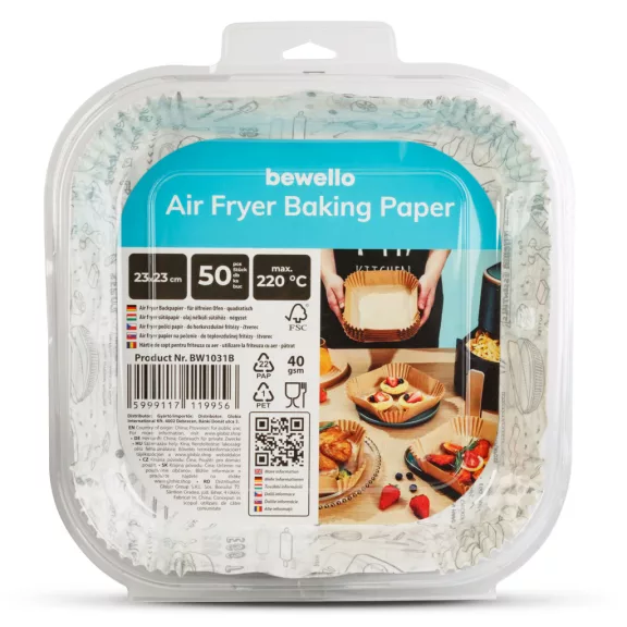 Air fryer sütőpapír - olaj nélküli sütőhöz - mintás, négyzet - 23 cm - 50 db / csomag Air fryer sütőpapír - olaj nélküli sütőhöz - mintás, négyzet - 23 cm - 50 db / csomag
