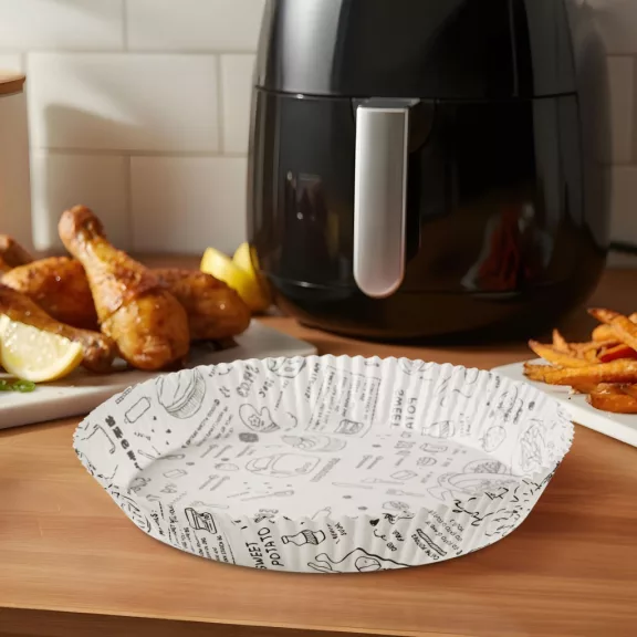 Air fryer sütőpapír - olaj nélküli sütőhöz - mintás, kör - 23 cm - 50 db / csomag Air fryer sütőpapír - olaj nélküli sütőhöz - mintás, kör - 23 cm - 50 db / csomag