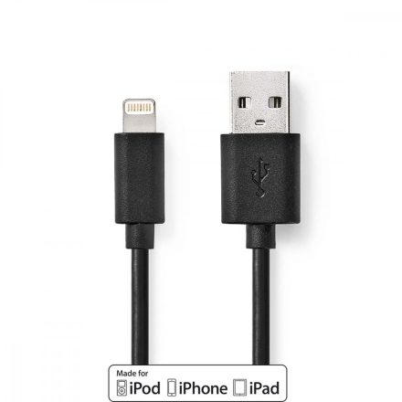 Lightning Kábel | USB 2.0 | Apple Lightning, 8 Pólusú | USB-A Dugasz | 480 Mbps | Nikkelezett | 1.00 m | Kerek | PVC | Fekete | Műanyag Zacskó