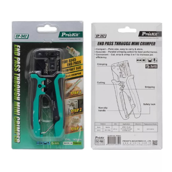 Pro'skit CP-342 UTP-RJ45-8P8C gyorskrimpelő fogó, nyitott végű dugókhoz, biztonsági zár, gyors Pro'skit CP-342 UTP-RJ45-8P8C gyorskrimpelő fogó, nyitott végű dugókhoz, biztonsági zár, gyors