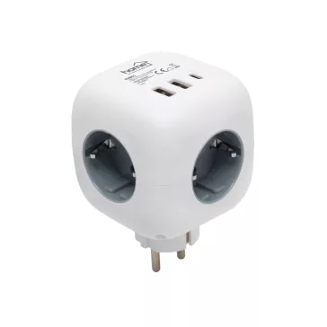   Home CUBE1 kocka elosztó USB töltővel, 3 aljzat gyermekvédelemmel, 1db USB C, 2db  USB A, max. 3680 W