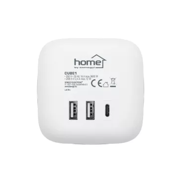   Home CUBE1 kocka elosztó USB töltővel, 3 aljzat gyermekvédelemmel, 1db USB C, 2db  USB A, max. 3680 W