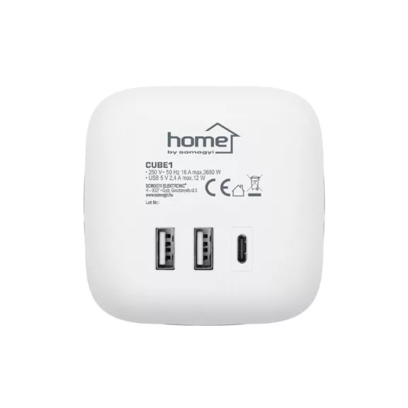 Home CUBE1 kocka elosztó USB töltővel, 3 aljzat gyermekvédelemmel, 1db USB C, 2db USB A, max. 3680 W Home CUBE1 kocka elosztó USB töltővel, 3 aljzat gyermekvédelemmel, 1db USB C, 2db USB A, max. 3680 W