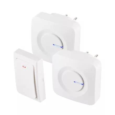 HOME DBKS1001AC vezeték és elem nélküli csengő készlet, 1x nyomógomb + 2x csengő, 100m hatótáv, 36 dallam, szabályozható hangerő, IP44, fényjelzés, kinetikus nyomógomb