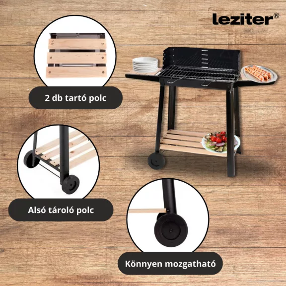 Téglalap alakú görgős faszenes grill Téglalap alakú görgős faszenes grill