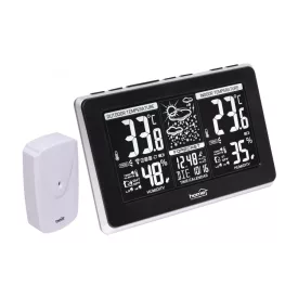   Home HCW 25 időjárás-állomás külső jeladóval, negatív, fehér LCD kijelző, beltéri hőmérséklet és páratartalom, digitális óra, naptár
