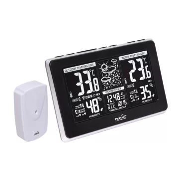   Home HCW 25 időjárás-állomás külső jeladóval, negatív, fehér LCD kijelző, beltéri hőmérséklet és páratartalom, digitális óra, naptár