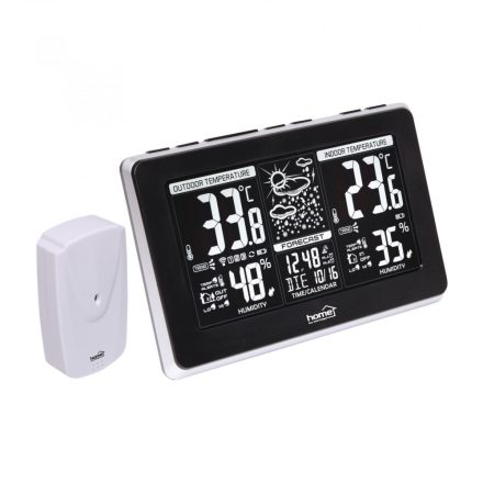 Home HCW 25 időjárás-állomás külső jeladóval, negatív, fehér LCD kijelző, beltéri hőmérséklet és páratartalom, digitális óra, naptár