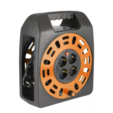   Home HJR 3-20 kábeldob, 20 m, IP20 kivitel, műanyag tartó, H05VV-F 3G1,0 mm2 kábel, max. 2300 W, védőkapcsoló, 4 védőérintkezős aljzat