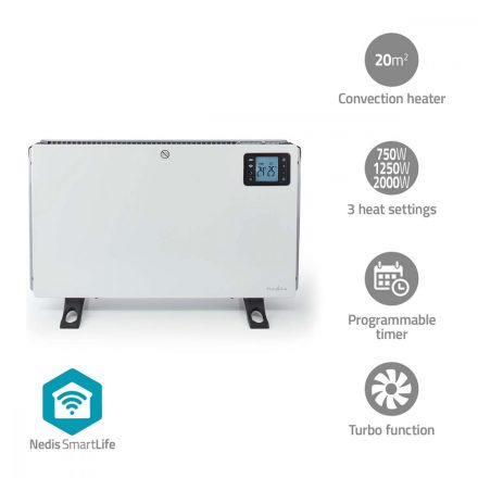 SmartLife Konvektor | Wi-Fi | 2000 W | 3 Hőbeállítások | LCD | 5 - 37 °C | Állítható hőmérséklet | Fehér