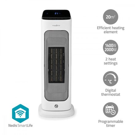 SmartLife kerámia PTC ventilátorfűtő | Wi-Fi | 2000 W | 2 Hőbeállítások | Oszcilláló | Kijelző | 10 - 49 °C | Android™ / IOS | Fehér