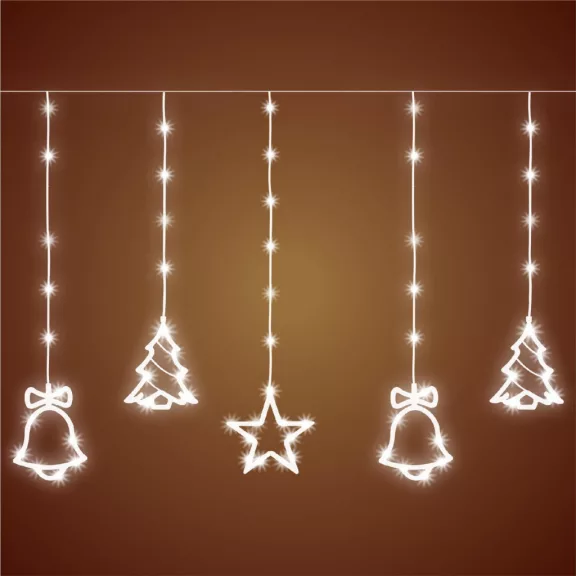 Home KAF 11/WH micro LED-es figurás fényfüggöny, 2 m / 186 db hidegfehér LED, harang / fenyő / csillag figurákkal, hálózati adapter, kül- és beltéri kivitel