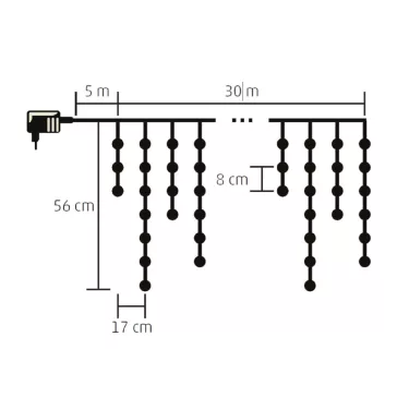   Home KKF 908/WW LED-es fényfüggöny, 30 m / 900 db melegfehér LED, 8 fényprogram, fehér vezeték, hálózati adapter, kül- és beltéri kivitel