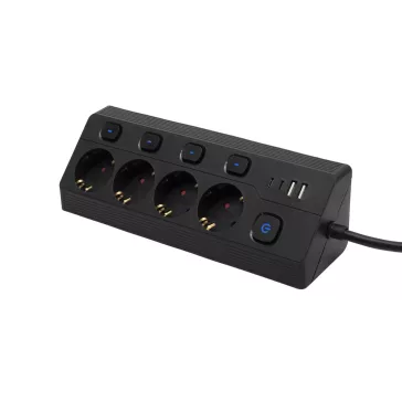   OME KNVK04KUSBC 4-es elosztó, aljzatonként kapcsolható, max. 3680 W, 2 méter, fekete, 2xUSB-C, 2xUSB-A