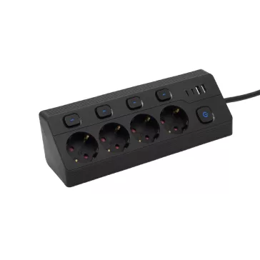   OME KNVK04KUSBC 4-es elosztó, aljzatonként kapcsolható, max. 3680 W, 2 méter, fekete, 2xUSB-C, 2xUSB-A