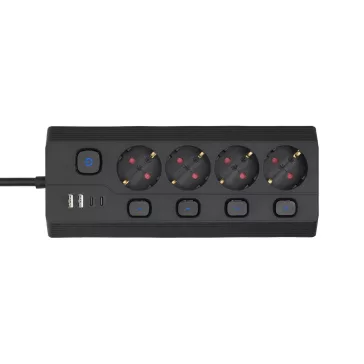   OME KNVK04KUSBC 4-es elosztó, aljzatonként kapcsolható, max. 3680 W, 2 méter, fekete, 2xUSB-C, 2xUSB-A