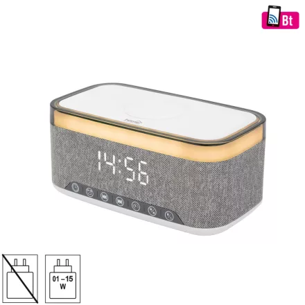 HOME LTCR06 multimédia lejátszó és ébresztőóra, 2x5 Watt, Qi telefontöltés, Bluetooth TWS, FM rádió, LED kijelző, beépített akkumulátor
