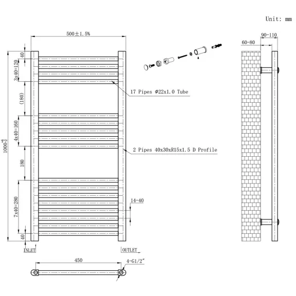 Egyenes törölközőszárító radiátor 1000x500 mm fehér Egyenes törölközőszárító radiátor 1000x500 mm fehér