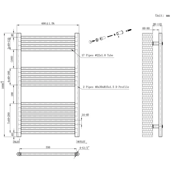 Egyenes törölközőszárító radiátor 1000x600 mm fehér Egyenes törölközőszárító radiátor 1000x600 mm fehér