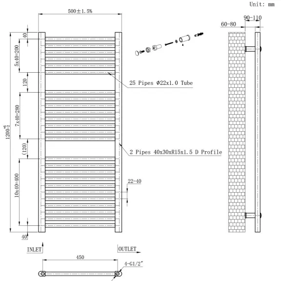 Egyenes törölközőszárító radiátor 1200x500 mm fekete Egyenes törölközőszárító radiátor 1200x500 mm fekete