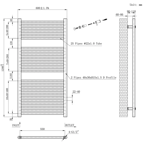 Egyenes törölközőszárító radiátor 1200x600 mm fekete Egyenes törölközőszárító radiátor 1200x600 mm fekete